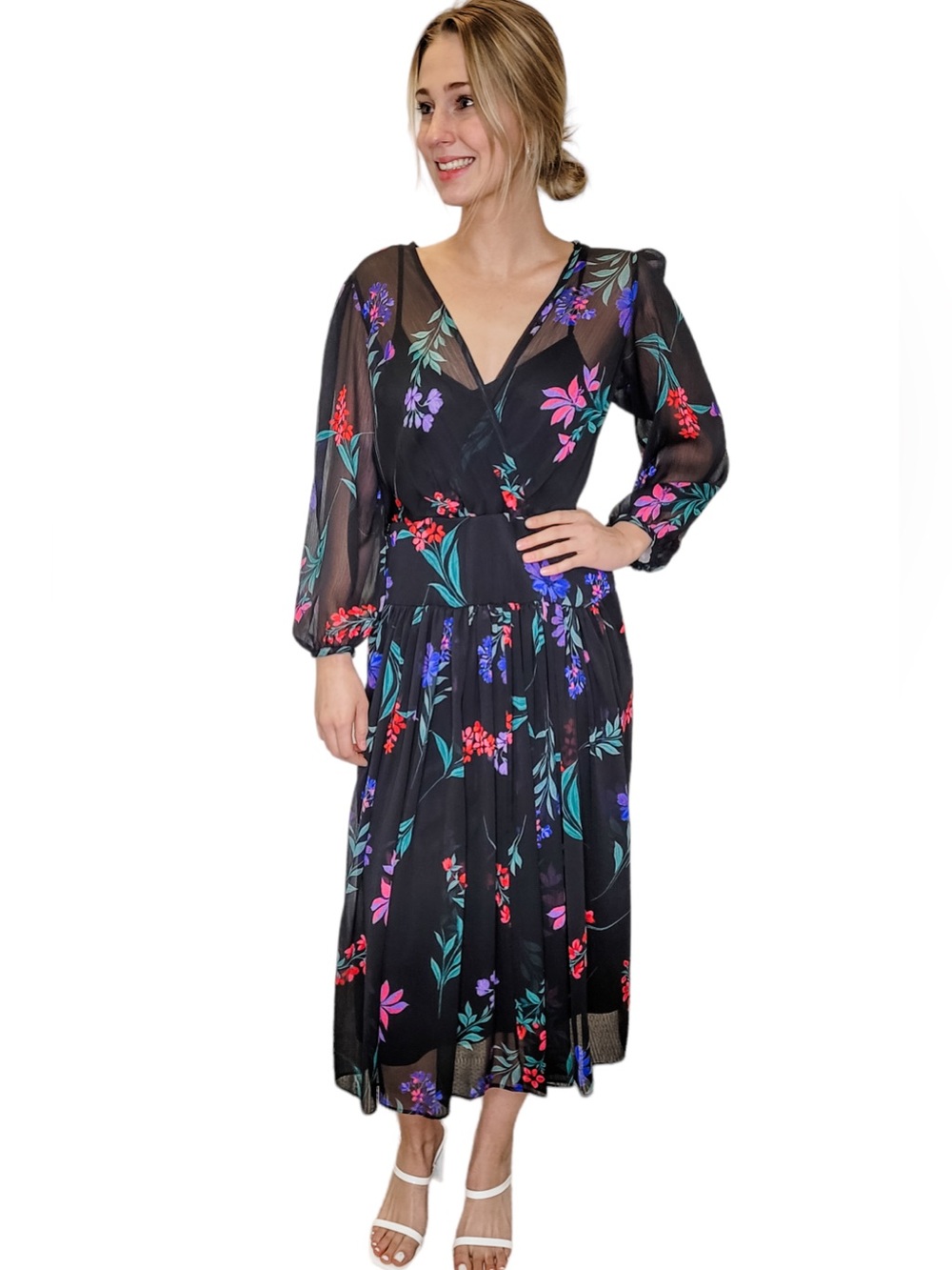 New CALVIN KLEIN BLACK FLORAL MIDI DRESS Size 2